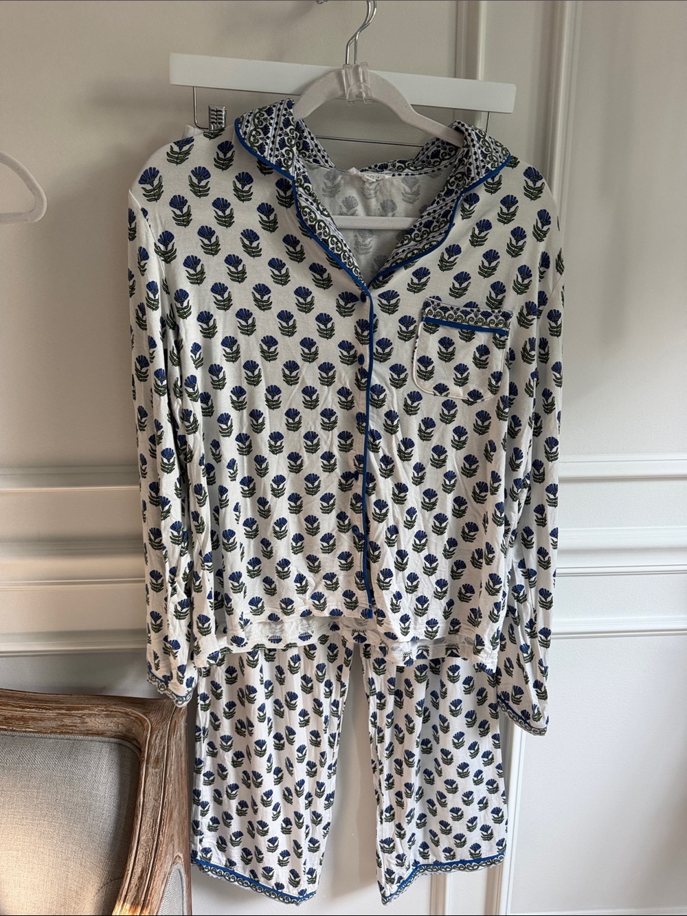 Mary Square Blue Block Print Pajama Set with Contrast Piping Long Sleeve & Pant